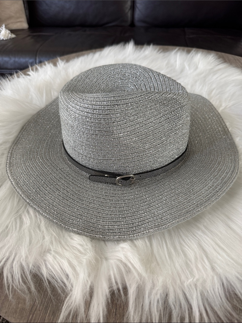 Something Special Silver Straw Hat with Pewter Band/Buckle One Size